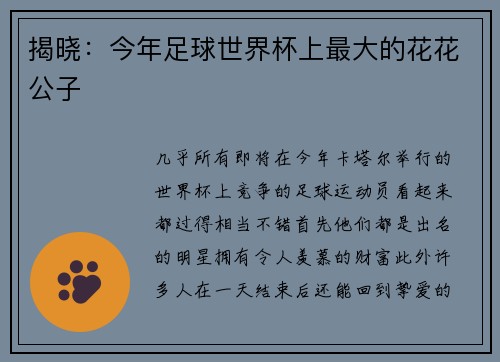 揭晓：今年足球世界杯上最大的花花公子